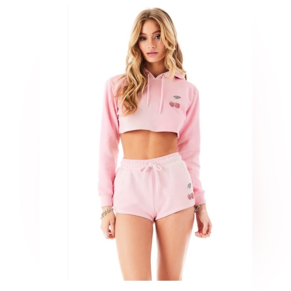 Carmar‎ Light Pink with Rhinestone Cherry Cropped Hoodie and Shorts Set Womens S